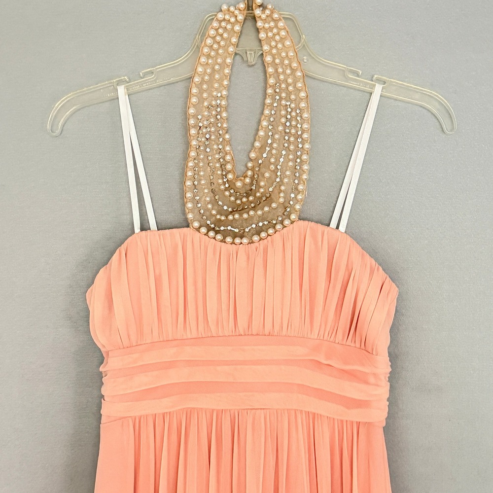 City Triangles Pearl Halter Mesh Maxi Dress Womens Size 3 Blush Pink Formal Prom - Picture 6 of 14
